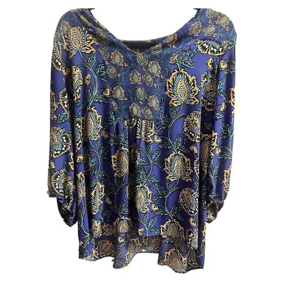 🛍️ Women’s blue yellow floral 3/4” sleeve pullover high low blouse plus size 2X - Picture 6 of 7